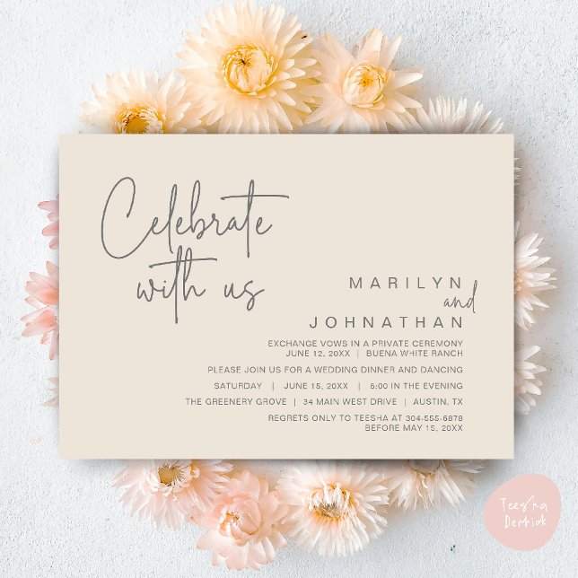 Celebrate with us, Wedding Elopement Dinner Party Invitation (Celebrate with us, Modern Wedding Elopement Dinner Lunch Brunch Party Invites Card PDF Cream Grey)