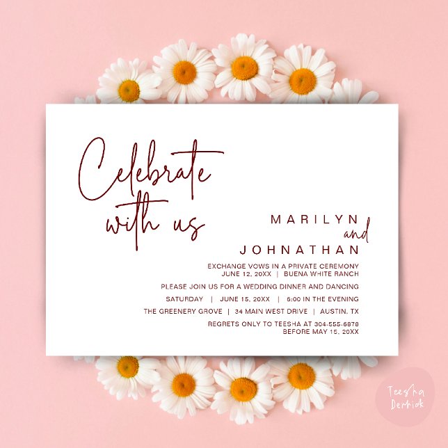 Celebrate with us, Wedding Elopement Dinner Party Invitation (Celebrate with us, Modern Wedding Elopement Dinner Lunch Brunch Party Invites Card PDF Burgundy Wine)