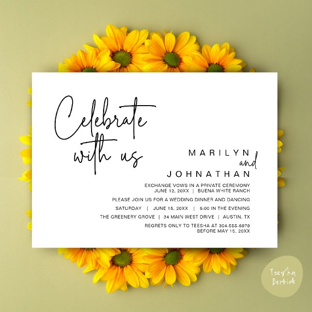 Celebrate with us, Wedding Elopement Dinner Party Invitation (Celebrate with us, Modern Wedding Elopement Dinner Lunch Brunch Party Invites Card PDF White Black)