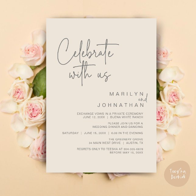 Celebrate with us, Wedding Elopement Dinner Party Invitation (Celebrate with us, Modern Wedding Elopement Dinner Lunch Brunch Party Invites Card PDF Cream Grey)