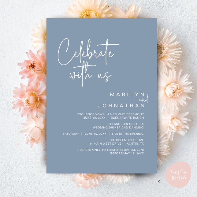 Celebrate with us, Wedding Elopement Dinner Party Invitation (Celebrate with us, Modern Wedding Elopement Dinner Lunch Brunch Party Invites Card PDF Dusty Blue)