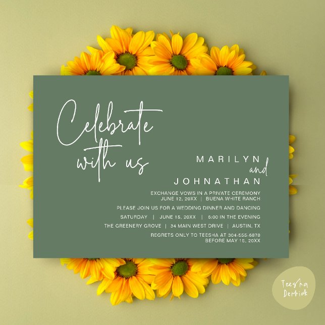 Celebrate with us, Wedding Elopement Dinner Party Invitation (Celebrate with us, Modern Wedding Elopement Dinner Lunch Brunch Party Invites Card PDF Sage Green)