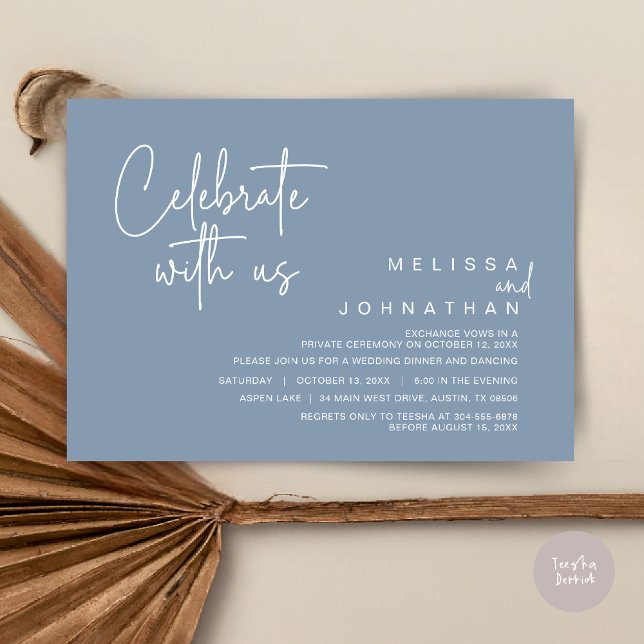 Celebrate with us, Wedding Elopement Dinner Party Invitation (Celebrate With Us, Wedding Elopement Dinner Invitation Card, PDF, in Dusty Blue)