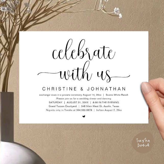 Celebrate with us, Wedding Elopement Dinner Party Invitation (Celebrate with us, Wedding Elopement Dinner Party Dancing Invites Card, pdf, classy black white)