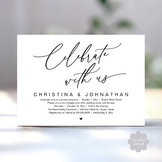 Celebrate With Us Wedding Elopement Dinner Party  Invitation (Celebrate With Us Romantic Wedding Elopement Dinner Brunch Lunch Party Invites Card PDF White Black)