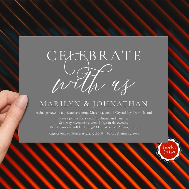 Celebrate with us, Wedding Elopement Dinner Party Invitation (Celebrate with us, Modern Wedding Elopement Dinner Invitation Card, PDF, Modern Romantic Dark Grey)