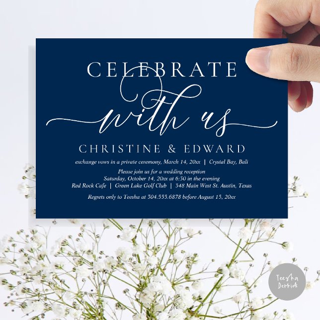 Celebrate with us, Wedding Elopement Party Invitat Invitation (Celebrate with us, Romantic Modern Wedding Elopement Invitation Card, PDF, in Navy Blue)
