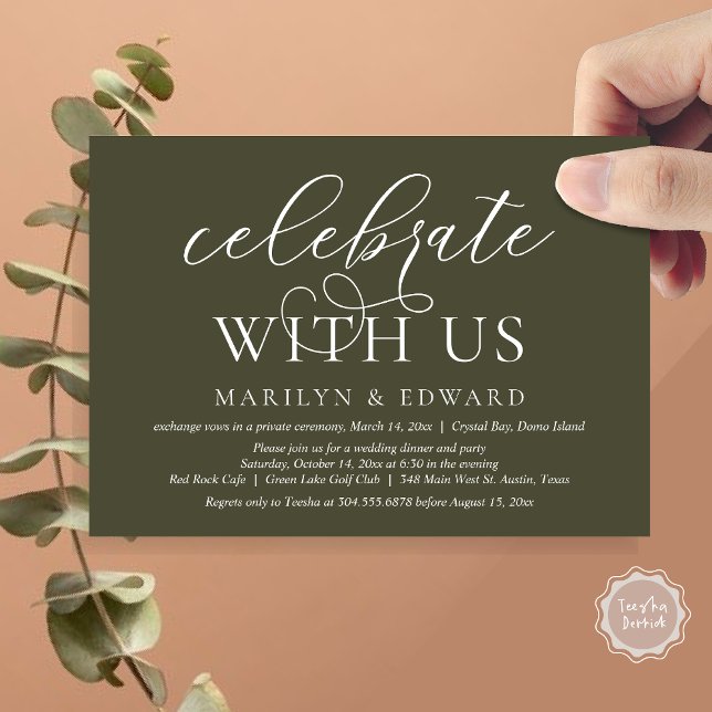 Celebrate with us, Wedding Elopement Party Invitation (Celebrate With Us, Modern Wedding Dinner Invitation Card, PDF, in Olive Green)