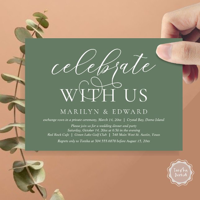 Celebrate with us, Wedding Elopement Party Invitation (Celebrate With Us, Modern Wedding Dinner Invitation Card, PDF, in Forest Sage Green)