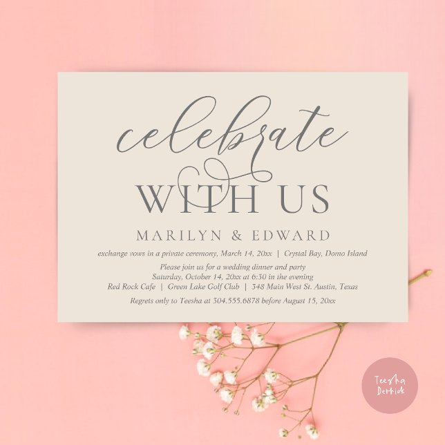 Celebrate with us, Wedding Elopement Party Invitation (Celebrate With Us, Modern Wedding Dinner Invitation Card, PDF, in Dark Grey Cream)