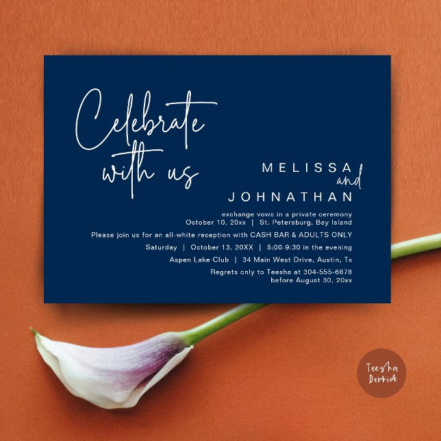 Celebrate with us, Wedding Reception Cash Bar Invitation (Celebrate with us, Wedding Reception Dinner Cash Bar Adults Only Invitation Card PDF in Navy Blue)
