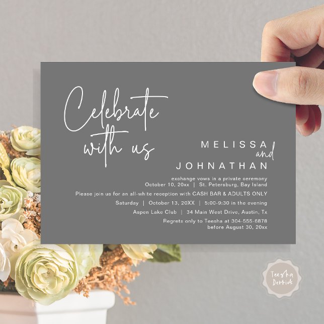 Celebrate with us, Wedding Reception Cash Bar Invitation (Celebrate with us, Wedding Reception Dinner Cash Bar Adults Only Invitation Card PDF in Dark Grey)