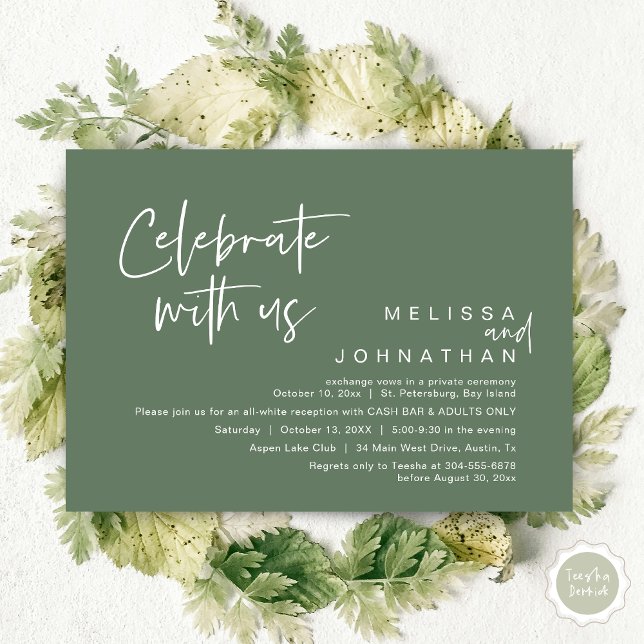 Celebrate with us, Wedding Reception Cash Bar Invitation (Celebrate with us, Wedding Reception Dinner Cash Bar Adults Only Invitation Card PDF in Sage Green)