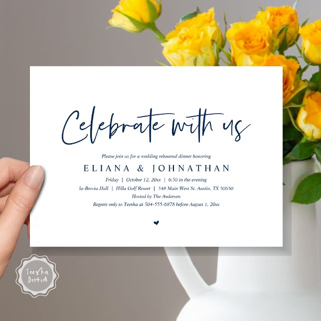 Celebrate with us, Wedding Rehearsal Dinner Invita Invitation (Celebrate with us, Wedding Rehearsal Dinner Invitation Card, PDF, Modern Casual, in Navy Blue)