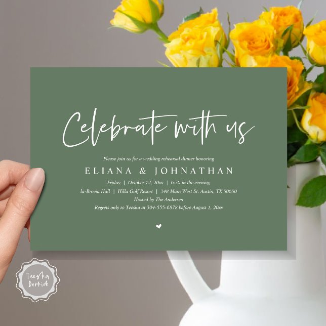 Celebrate with us, Wedding Rehearsal Dinner Invitation (Celebrate with us, Wedding Rehearsal Dinner Party Invitation Card, PDF, Modern, Forest Sage Green)