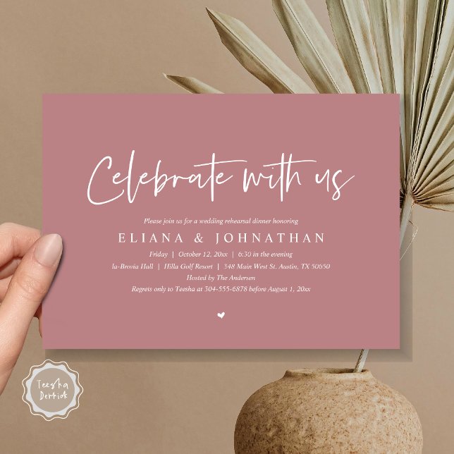 Celebrate with us, Wedding Rehearsal Dinner Invitation (Celebrate with us, Wedding Rehearsal Dinner Party Invitation Card, PDF, Modern, in Dusty Rose Pink)