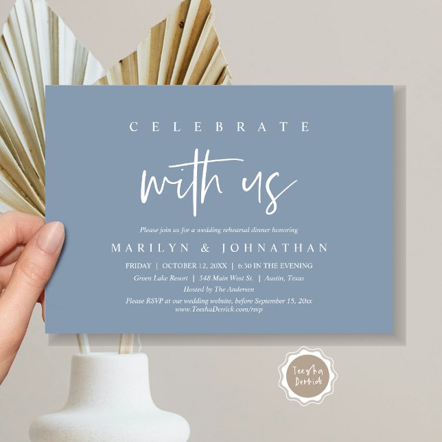 Celebrate With Us, Wedding Rehearsal Party Invitation (Celebrate with us, Wedding Rehearsal Dinner Party Invitation Card, PDF, Modern Casual, Dusty Blue)