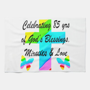 CELEBRATING 85 YEARS OF GODS MIRACLES AND LOVE TEA TOWEL