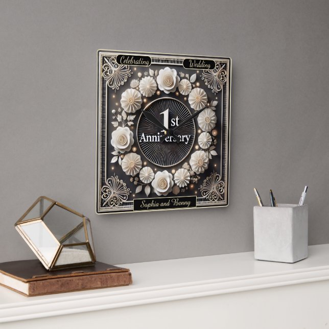 Celebrating a Beautiful First 1st Anniversary Square Wall Clock (Office)