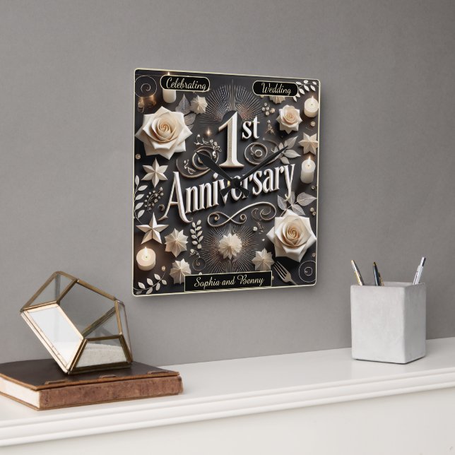 Celebrating a Charming First Anniversary Moment Square Wall Clock (Office)