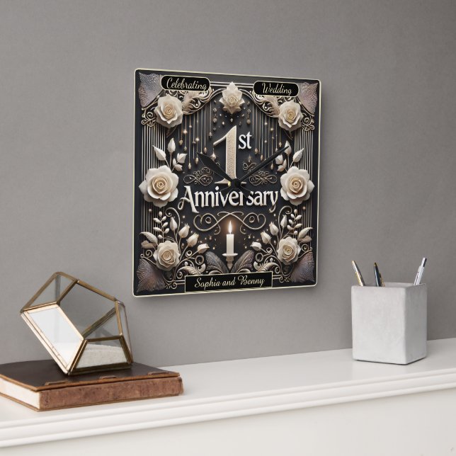 Celebrating a Heartfelt First Anniversary Moment Square Wall Clock (Office)