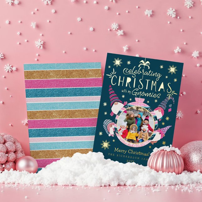 Celebrating Christmas With My Gnomies Family Photo Foil Holiday Card (Celebrating Christmas With My Gnomies Family Photo Foil Holiday Card)