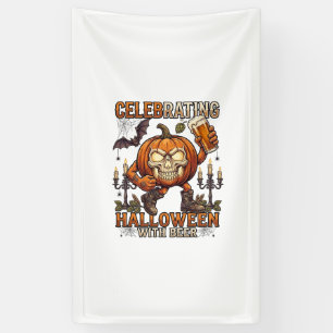 Celebrating Halloween Beer Skull Pumpkin Bat Candl Banner