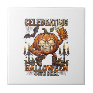 Celebrating Halloween Beer Skull Pumpkin Bat Candl Ceramic Tile