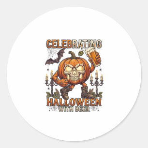 Celebrating Halloween Beer Skull Pumpkin Bat Candl Classic Round Sticker