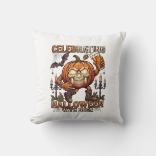 Celebrating Halloween Beer Skull Pumpkin Bat Candl Cushion