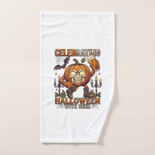 Celebrating Halloween Beer Skull Pumpkin Bat Candl Hand Towel