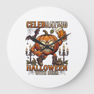 Celebrating Halloween Beer Skull Pumpkin Bat Candl Large Clock