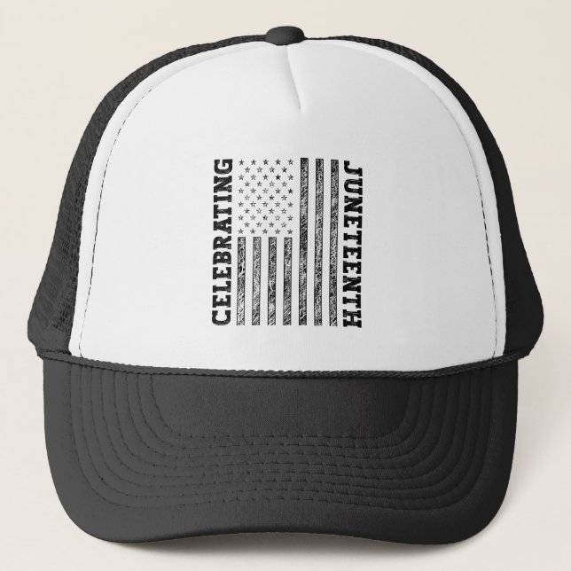 Celebrating Juneteenth Distressed American Flag Trucker Hat (Front)