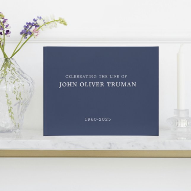 Celebrating Life of Personalised Memorial Funeral Guest Book (calligraphy navy blue rustic country in loving memory for memorial service of life funeral guestbook)