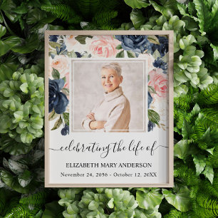 Celebrating Life Photo Navy Pink Floral Memorial Print