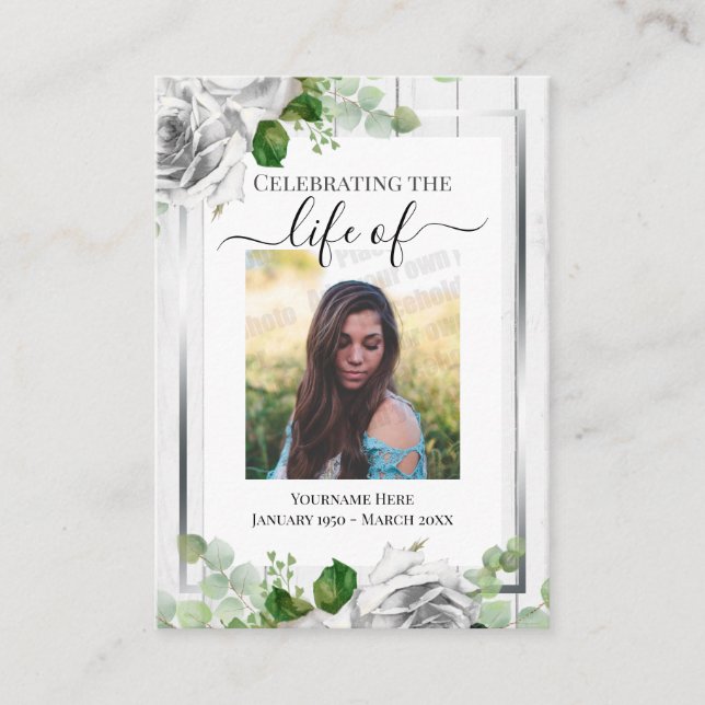 Celebrating Life Rustic Wood One Photo Remembrance Business Card (Front)