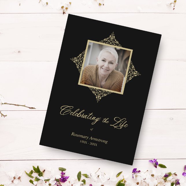Celebrating Life Whimsical Script Photo Funeral  Card (Creator Uploaded)