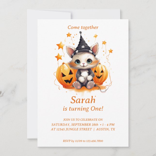 Celebrating Meow-loween: Birthday Party Invitation (Front)