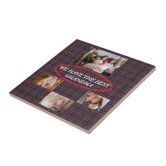 Celebrating My Grandma Tartan Plaid White Font Ceramic Tile