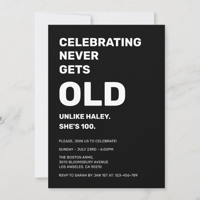 Celebrating Never Gets Old Funny 100th Birthday Invitation (Front)