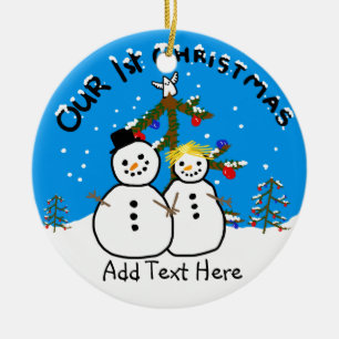 Celebrating our 1st Xmas Funny Snowman couple Ceramic Ornament