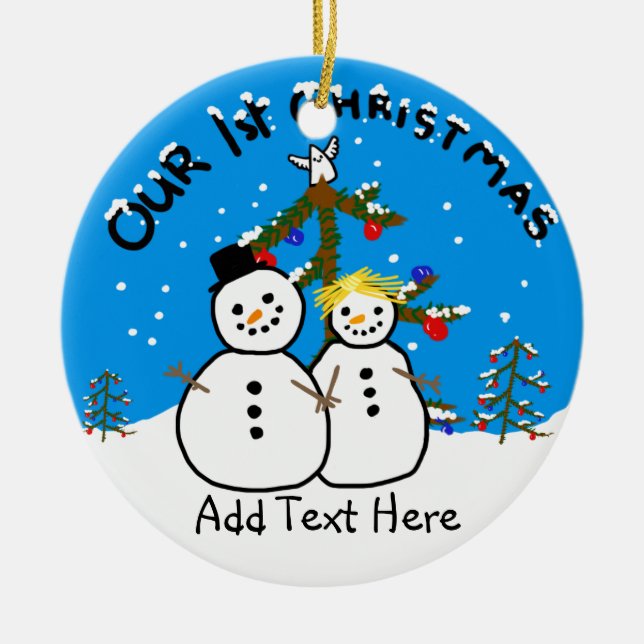 Celebrating our 1st Xmas Funny Snowman couple Ceramic Ornament (Front)