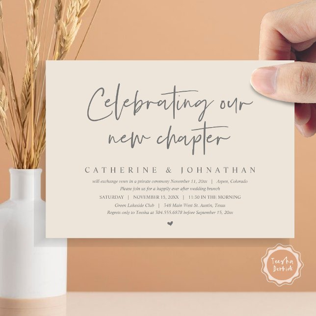 Celebrating Our New Chapter, Elopement Brunch Invitation (Celebrating Our New Chapter, Elopement Brunch/ Dinner / Party Invitation Card, in Grey Cream)