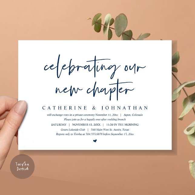 Celebrating Our New Chapter, Elopement Brunch Invitation (Celebrating Our New Chapter, Wedding Elopement Brunch Invitation Card, PDF, in Navy Blue)