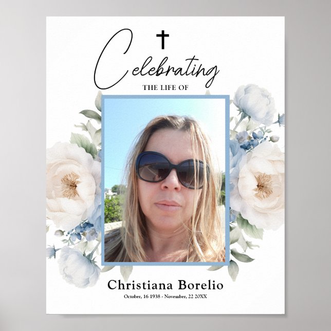 Celebrating the life Blue Floral Woman Funeral  Poster (Front)