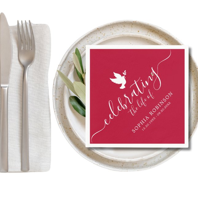 Celebrating The Life Elegant Script Dove Funeral Napkin (Creator Uploaded)