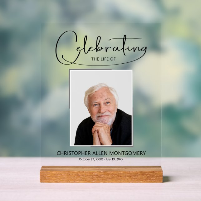 Celebrating the Life of Photo Memorial Funeral Acrylic Sign (Neutral)