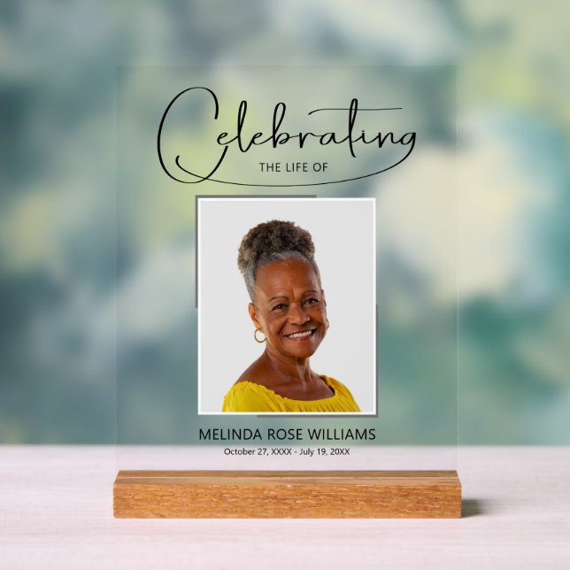 Celebrating the Life of Photo Memorial Funeral Acrylic Sign (Neutral)