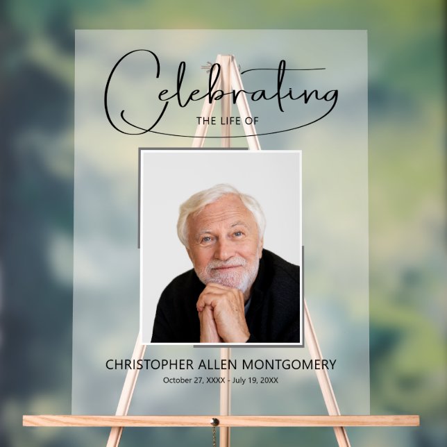Celebrating the Life of Photo Memorial Funeral Acrylic Sign (Neutral)