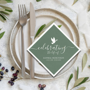 Celebrating The Life Sage Green Dove Funeral Napkin